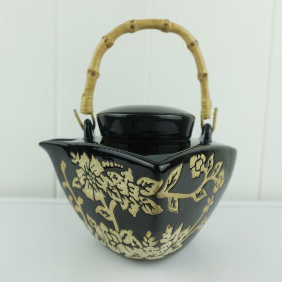 Asian Black and Beige 5pc Ceramic Tea Set Floral Design Bamboo Handle - Picture 2 of 14